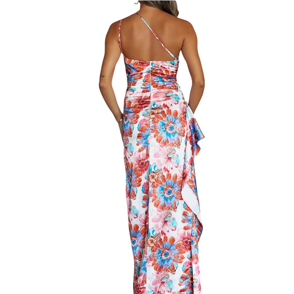 Hello Molly Elianna One Shoulder Satin Maxi Dress Floral 1 Shoulder Ruched S NWT - Picture 3 of 11